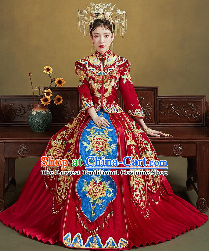 Chinese Traditional Ancient Bride Drilling Embroidered Peony Costumes Red Xiu He Suit Wedding Blouse and Dress Bottom Drawer for Women
