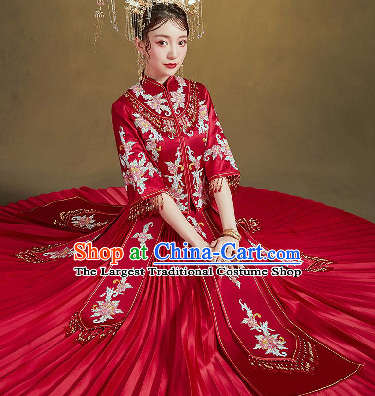 Chinese Ancient Bride Embroidered Drilling Peony Costumes Red Xiu He Suit Wedding Blouse and Dress Traditional Bottom Drawer for Women