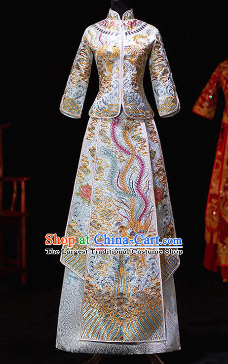 Chinese Ancient Bride Embroidered Blue Costumes Diamante Xiu He Suit Wedding Blouse and Dress Traditional Bottom Drawer for Women