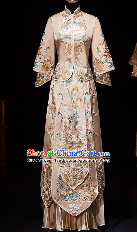 Chinese Ancient Embroidered Champagne Blouse and Dress Traditional Bride Xiu He Suit Wedding Costumes for Women