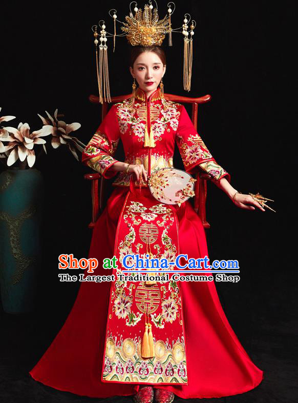 Chinese Ancient Wedding Embroidered Peony Flowers Red Blouse and Dress Traditional Bride Xiu He Suit Costumes for Women