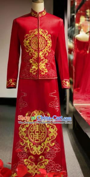 Chinese Ancient Bridegroom Red Mandarin Jacket and Gown Traditional Wedding Tang Suit Costumes for Men