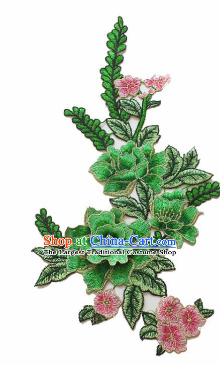 Chinese Traditional Embroidery Green Peony Applique Embroidered Patches Embroidering Cloth Accessories