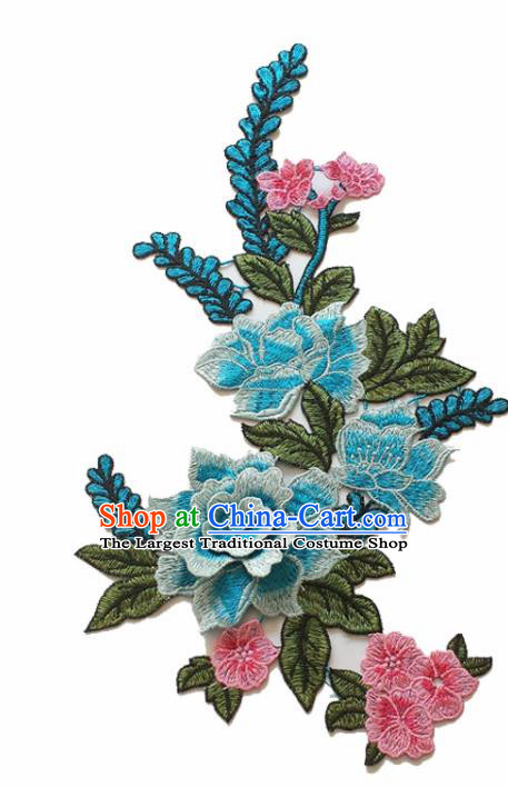 Chinese Traditional Embroidery Light Blue Peony Applique Embroidered Patches Embroidering Cloth Accessories