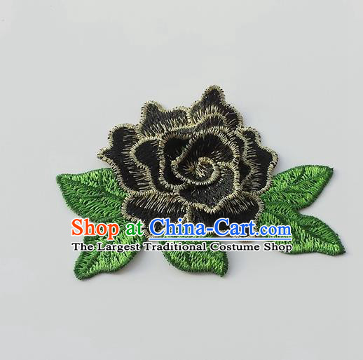 Chinese Traditional Black Embroidery Peony Applique Embroidered Patches Embroidering Cloth Accessories