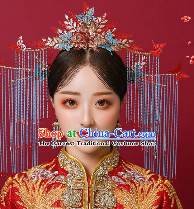 Chinese Ancient Bride Butterfly Phoenix Coronet Hairpins Traditional Wedding Xiu He Hair Accessories Complete Set for Women