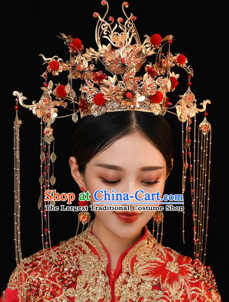 Chinese Ancient Bride Golden Butterfly Phoenix Coronet Hairpins Traditional Wedding Xiu He Hair Accessories Complete Set for Women