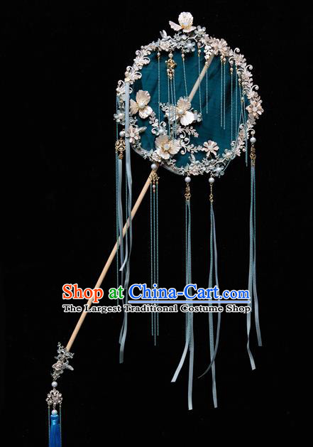 Chinese Ancient Bride Prop Blue Ribbon Silk Palace Fans Traditional Wedding Xiu He Accessories Round Fan for Women