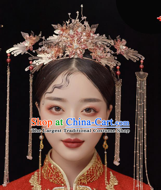 Chinese Ancient Bride Golden Phoenix Coronet Tassel Hairpins Traditional Wedding Xiu He Hair Accessories Complete Set for Women