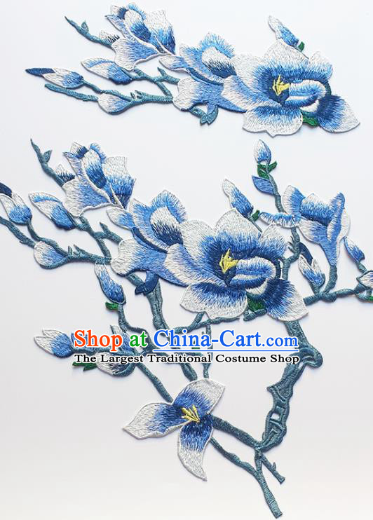 Traditional Chinese Embroidery Blue Mangnolia Applique Embroidered Patches Embroidering Cloth Accessories