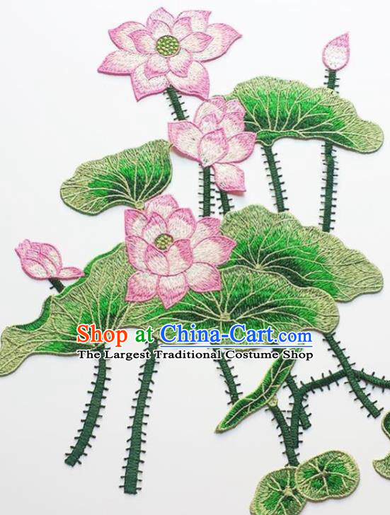 Traditional Chinese Embroidery Pink Lotus Applique Embroidered Patches Embroidering Cloth Accessories