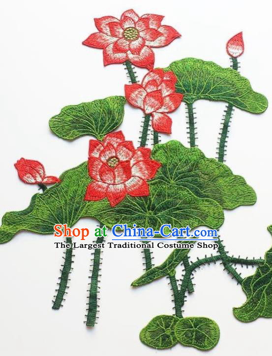 Traditional Chinese Embroidery Red Lotus Applique Embroidered Patches Embroidering Cloth Accessories