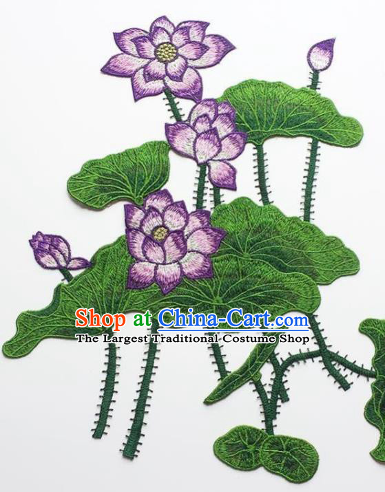 Traditional Chinese Embroidery Purple Lotus Applique Embroidered Patches Embroidering Cloth Accessories