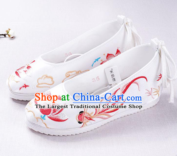 Chinese Handmade Opera Embroidered Lotus Goldfish White Shoes Traditional Hanfu Shoes National Shoes for Women