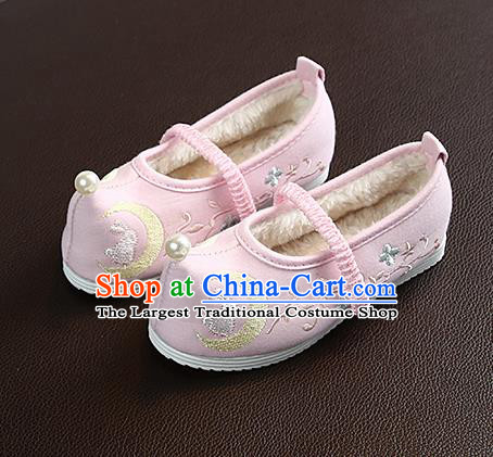 Chinese Handmade Embroidered Old Beijing Pink Shoes Traditional Hanfu Shoes National Shoes for Kids