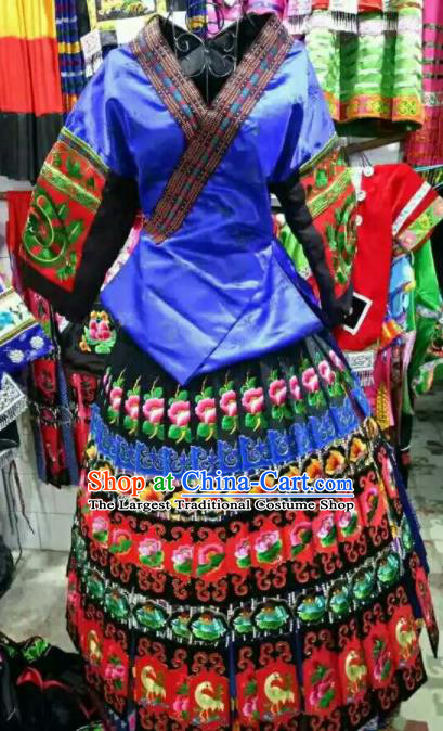 Chinese Traditional Miao Nationality Embroidered Royalblue Dress Ethnic Folk Dance Costume for Women
