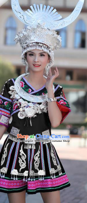 Chinese Traditional Miao Nationality Embroidered Black Short Dress and Headpiece Ethnic Folk Dance Costume for Women