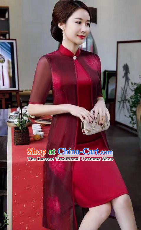 Chinese Traditional Qipao Dress Bride Mother Wine Red Cheongsam National Costumes for Women
