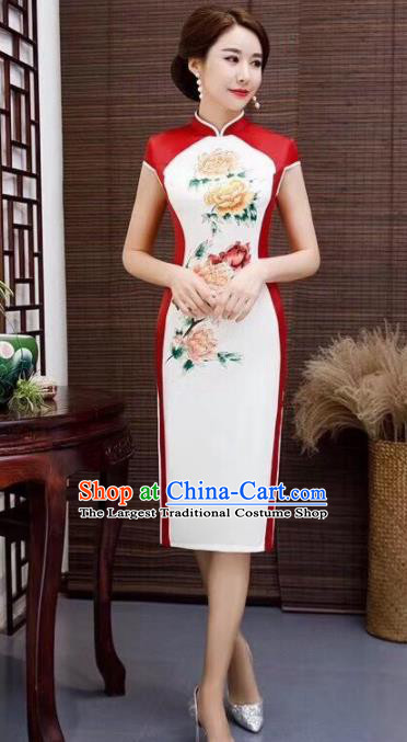 Chinese Traditional Qipao Dress Printing Peony White Cheongsam National Costumes for Women