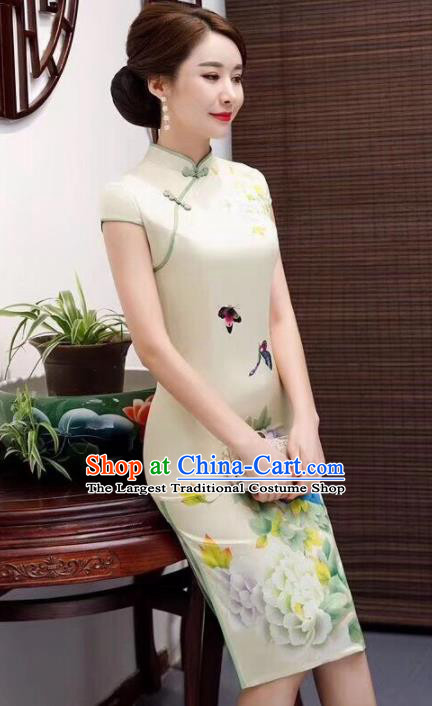 Chinese Traditional Qipao Dress Printing Peony Light Yellow Cheongsam National Costumes for Women