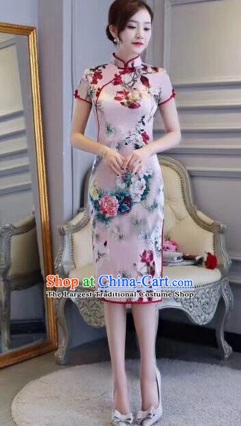 Chinese Traditional Short Qipao Dress Printing Pink Cheongsam National Costume for Women