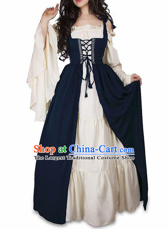 Traditional Europe Middle Ages Farmwife Navy Dress Halloween Cosplay Stage Performance Costume for Women