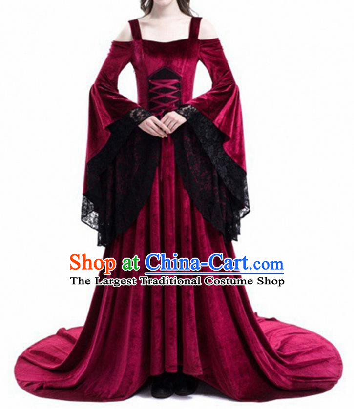 Traditional Europe Middle Ages Court Wine Red Velvet Dress Halloween Cosplay Stage Performance Costume for Women