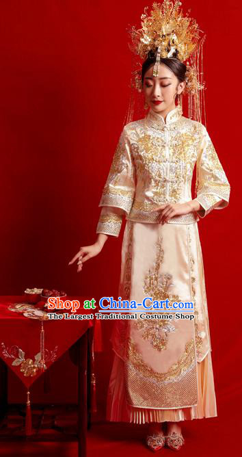 Chinese Traditional Wedding Costumes Toast Golden Xiuhe Suit Ancient Bride Full Dress for Women