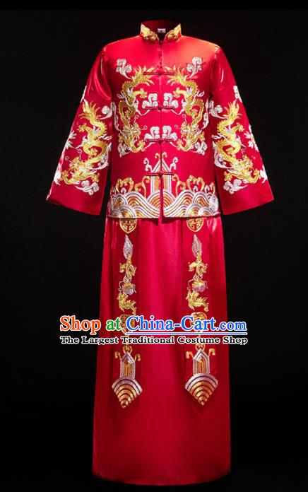 Chinese Traditional Bridegroom Wedding Costumes Tang Suit Red Mandarin Jacket and Long Gown for Men