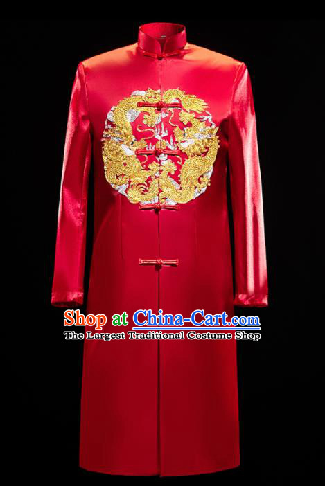 Chinese Traditional Bridegroom Wedding Embroidered Dragon Costumes Tang Suit Red Mandarin Jacket for Men