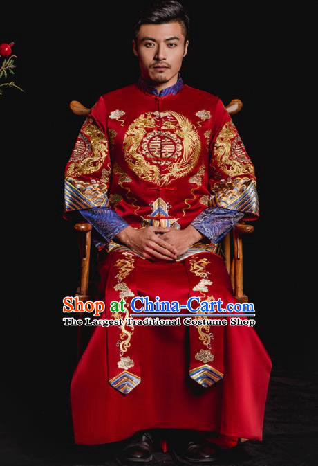 Chinese Traditional Wedding Embroidered Dragons Phoenix Red Mandarin Jacket and Gown Ancient Bridegroom Tang Suit Costumes for Men