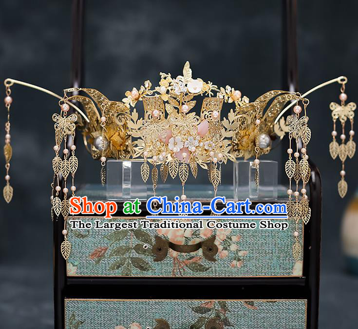 Chinese Traditional Bride Golden Tassel Phoenix Coronet Handmade Hairpins Wedding Hair Accessories Complete Set for Women