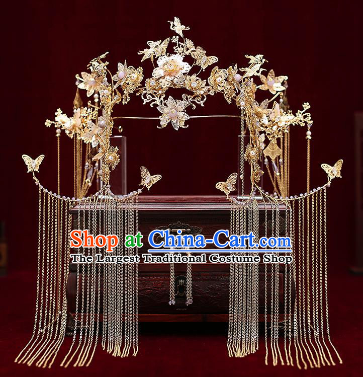 Chinese Traditional Wedding Crane Butterfly Phoenix Coronet Bride Handmade Tassel Hairpins Hair Accessories Complete Set for Women