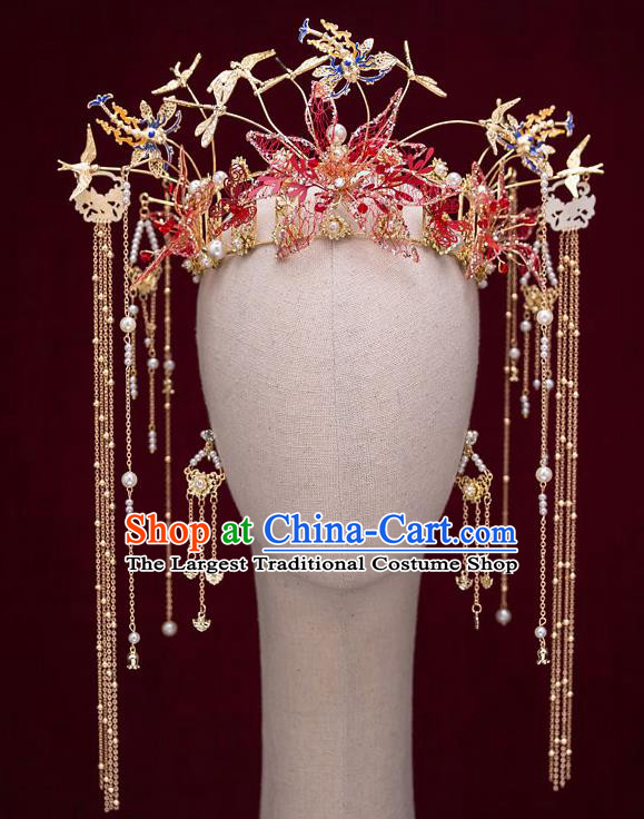 Top Chinese Traditional Wedding Golden Dragonfly Hair Crown Bride Handmade Tassel Hairpins Hair Accessories Complete Set
