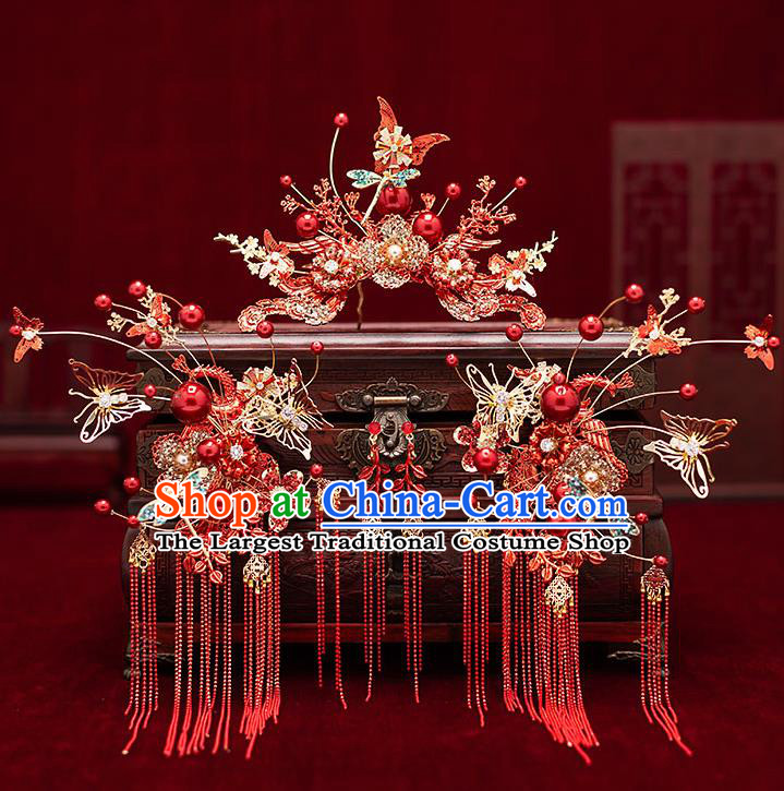 Top Chinese Traditional Wedding Red Butterfly Flowers Hair Comb Bride Handmade Tassel Hairpins Hair Accessories Complete Set