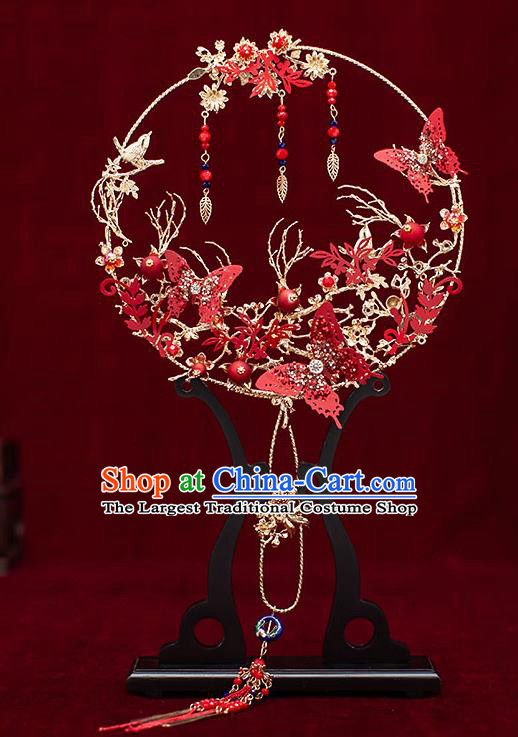 Chinese Traditional Wedding Red Palace Fans Ancient Bride Prop Round Fan for Women