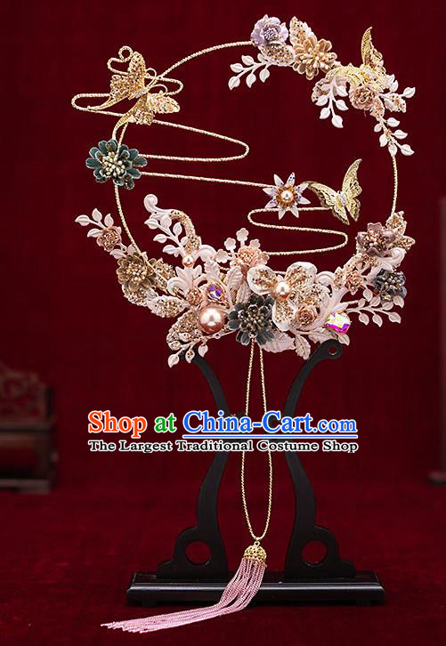 Chinese Traditional Wedding Butterfly Flowers Palace Fans Ancient Bride Prop Round Fan for Women
