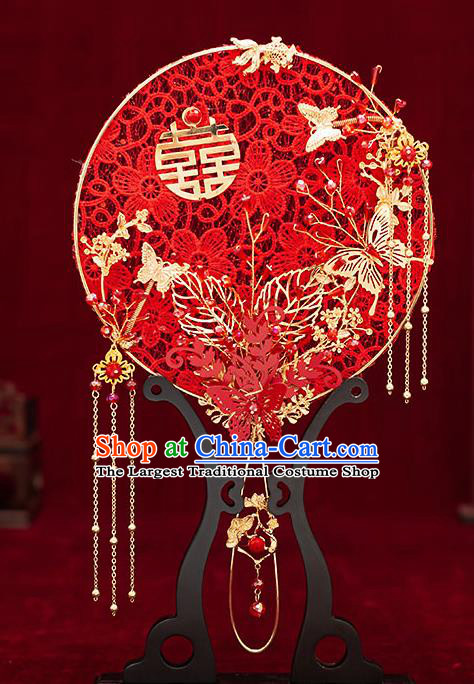 Chinese Traditional Wedding Red Lace Plum Palace Fans Ancient Bride Prop Round Fan for Women