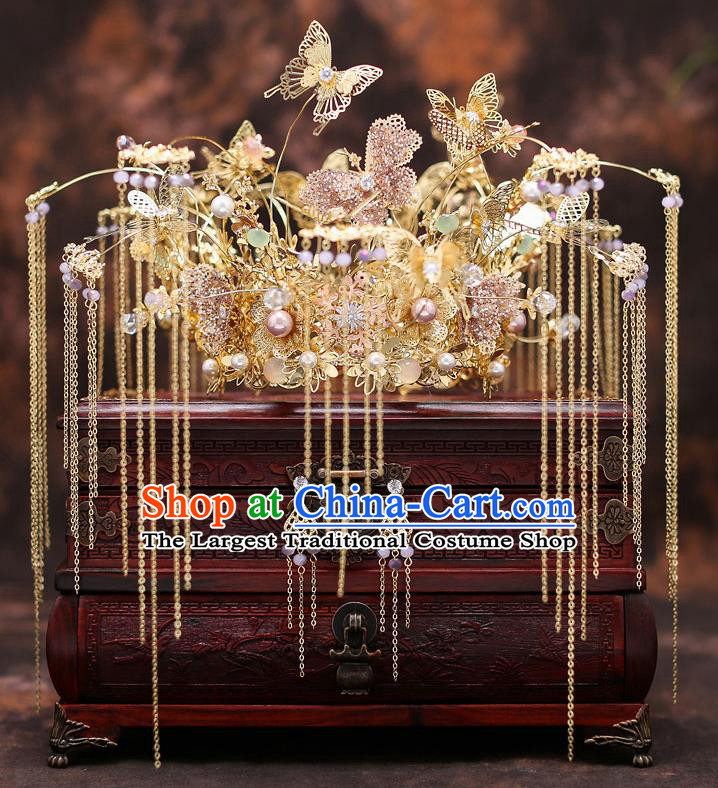 Top Chinese Traditional Wedding Golden Butterfly Hair Crown Bride Handmade Hairpins Hair Accessories Complete Set