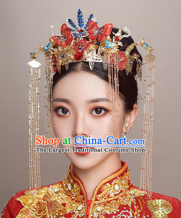 Top Chinese Traditional Wedding Red Butterfly Hair Crown Bride Handmade Hairpins Hair Accessories Complete Set