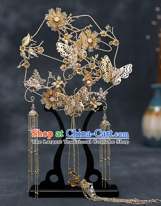 Chinese Traditional Wedding Golden Butterfly Palace Fans Ancient Bride Prop Round Fan for Women