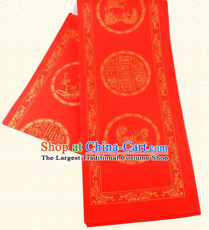 Traditional Chinese Classical Plum Orchid Bamboo Chrysanthemum Pattern Red Batik Scroll Paper Handmade Calligraphy Couplet Xuan Paper Craft