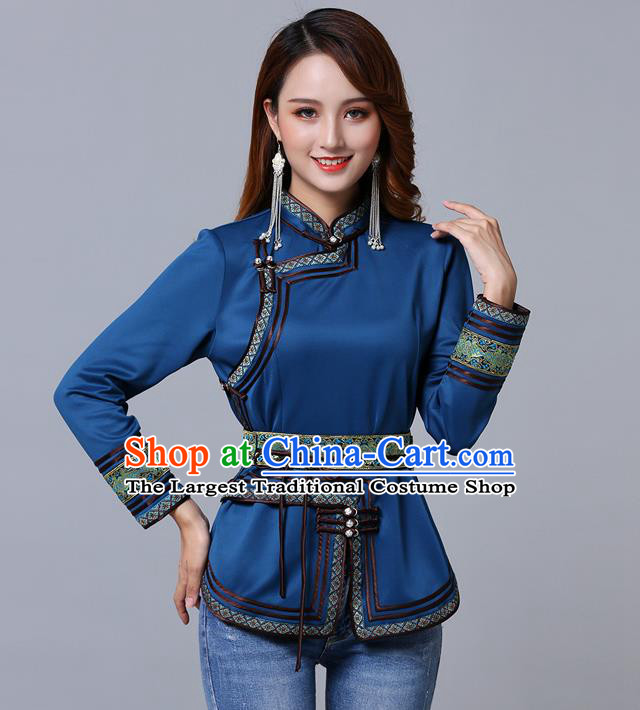 Chinese Traditional Peacock Blue Satin Blouse Mongol Ethnic Nationality Costume Mongolian Minority Upper Outer Garment for Women