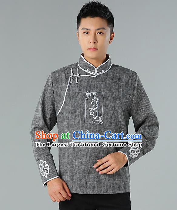 Chinese Mongolian Nationality Deep Grey Linen Upper Outer Garment Traditional Mongol Ethnic Minority Shirt Costume for Men