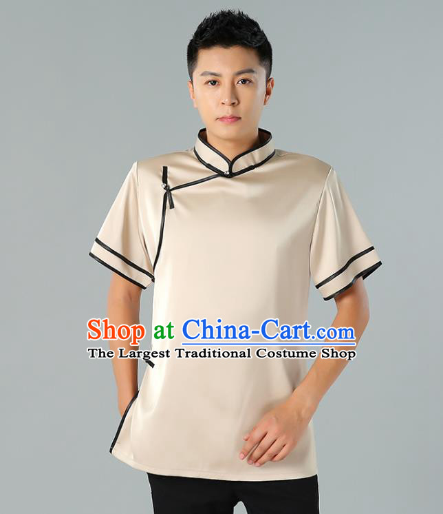Chinese Mongol Nationality Minority Summer Champagne Shirt Traditional Ethnic Upper Outer Garment Informal Costume for Men