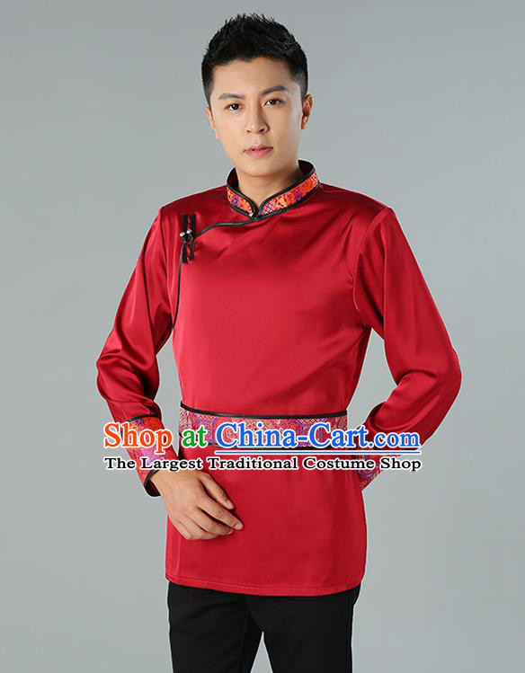 Chinese National Wine Red Shirt Traditional Ethnic Upper Outer Garment Mongol Minority Informal Costume for Men