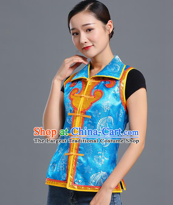 Traditional Chinese Mongol Ethnic Blue Brocade Vest Minority Garment Costume Mongolian Nationality Informal Waistcoat Apparels for Woman