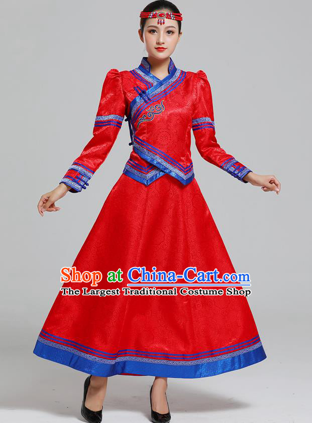 Traditional Chinese Mongol Minority Ethnic Costume Garment Mongolian Nationality Women Folk Dance Apparels Red Blouse and Skirt