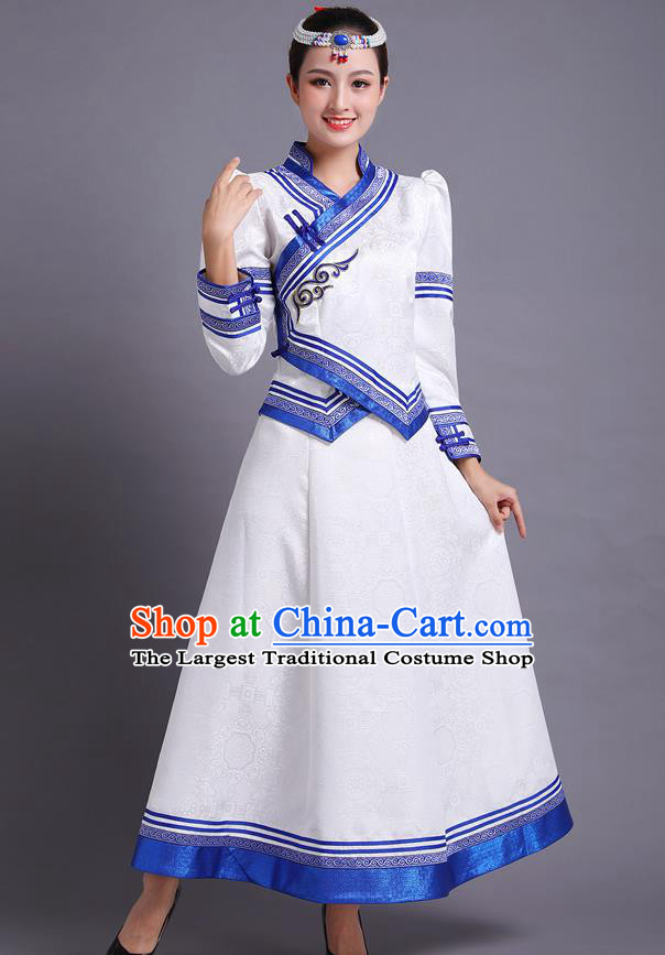 Traditional Chinese Mongol Minority Ethnic Costume Garment Mongolian Nationality Women Folk Dance Apparels White Blouse and Skirt