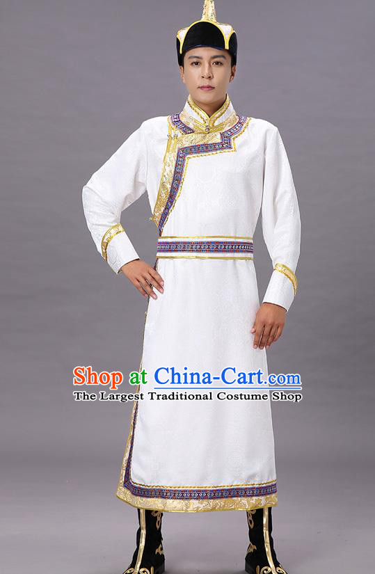 Chinese Traditional Ethnic White Brocade Mongolian Robe Dance Garment Mongol Minority Costume for Men